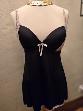 Black Lace Trim Babydoll Lingerie Chemise Push Up Bust Slip Size L Soft Stretch